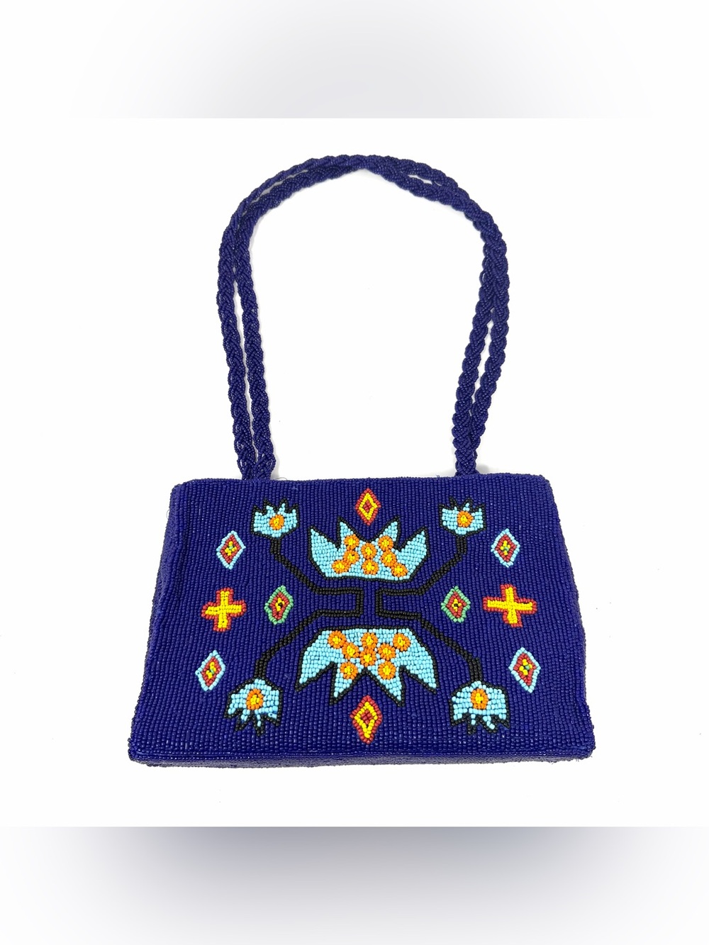 VTG Handmade Seed Bead Shoulder Bag Blue Southwestern Native Aztec Boho Chic